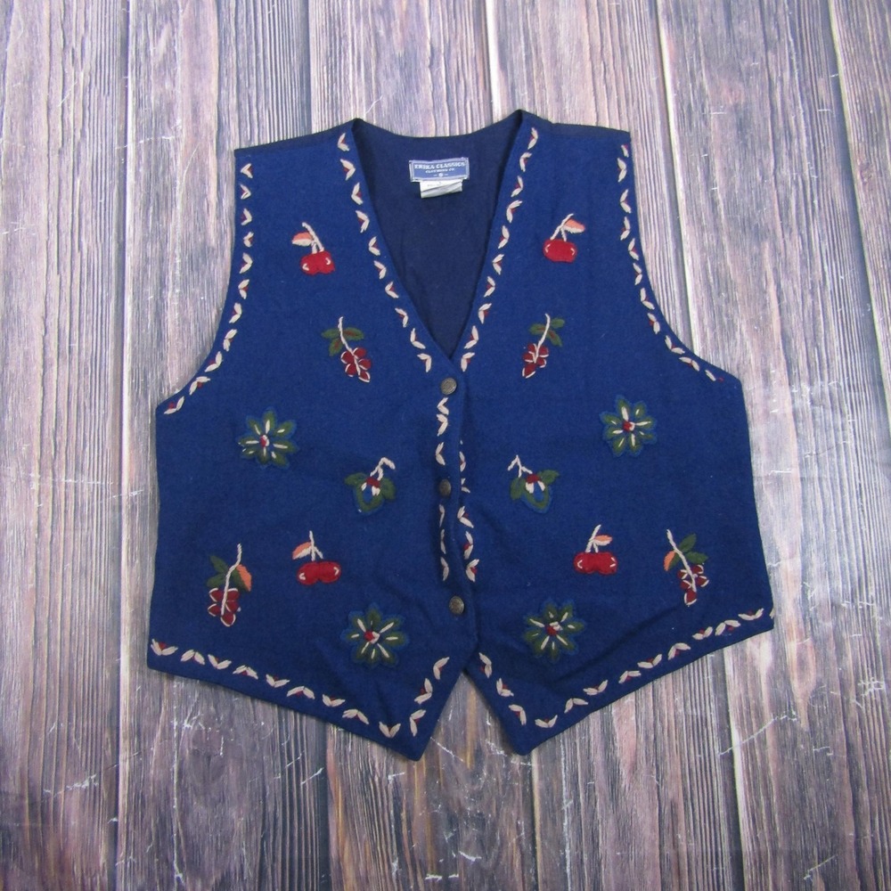 Erika Classics Vest Womens L Blue Wool Floral Embroidered Button Belted Lined